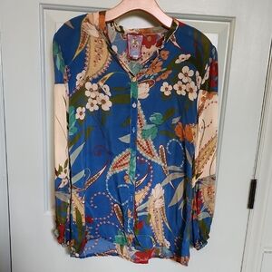Johnny Was Blue Floral Button-Up Blouse